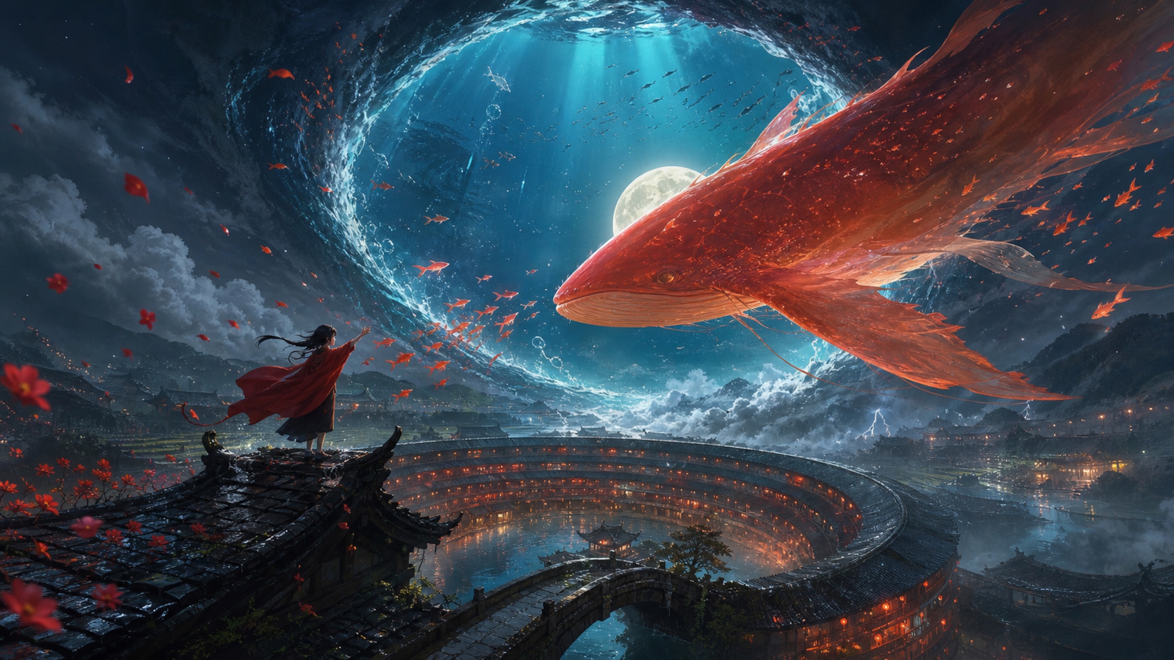 《海天之门》关键画面:红衣少女站在土楼屋脊,面对穿过海天之门的巨大红色鲲